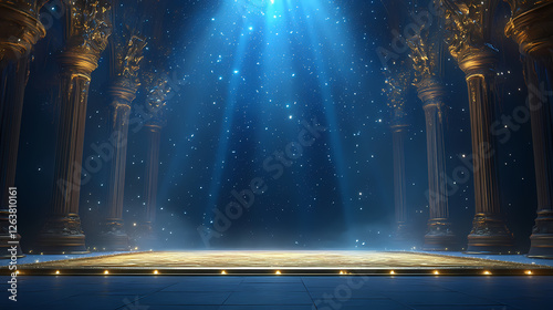 Empty golden stage with blue accents shines under a celestial array. Celestial Knights. Illustration