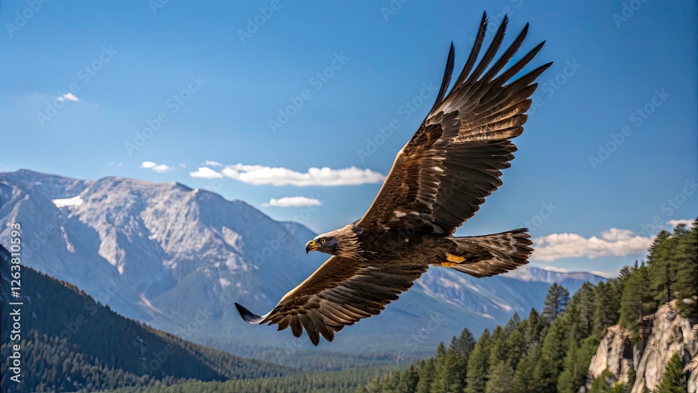 Obraz premium Majestic Golden Eagle in Flight: Stunning Documentary Photography of Wildlife in Action, Capturing Nature's Beauty and the Power of Birds of Prey in Their Natural Habitat