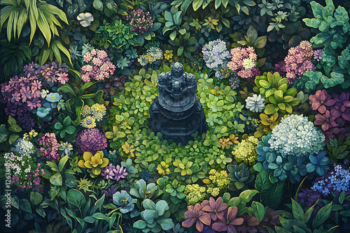 A vibrant garden with concentric circles of flowers and plants around a central statue. Bright colors, dense foliage, serene atmosphere.