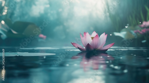 Serene Pink Lotus Blossom in Misty Pond
