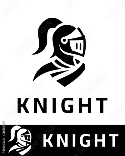 A modern and minimalist knight logo featuring a stylized armored helmet with a ponytail