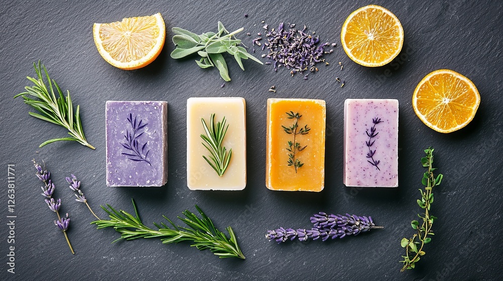 Close-up of handmade soaps with vibrant botanical imprints, paired with raw natural ingredients like dried herbs and citrus peels, on slate Close-up of handmade soaps with vibrant botanical imprints, paired with raw natural ingredients like dried herbs and citrus peels, on slate
