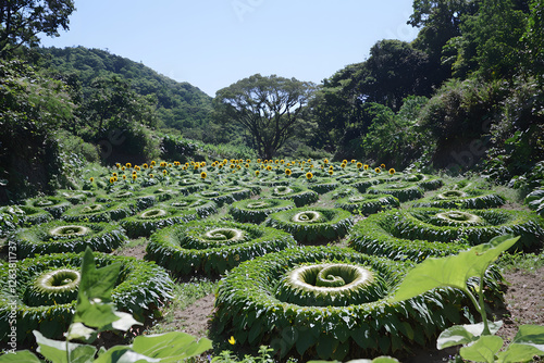 Concept: A lush green field filled with rows of spiral sunflowers swaying gently in the breeze under a clear blue sky.