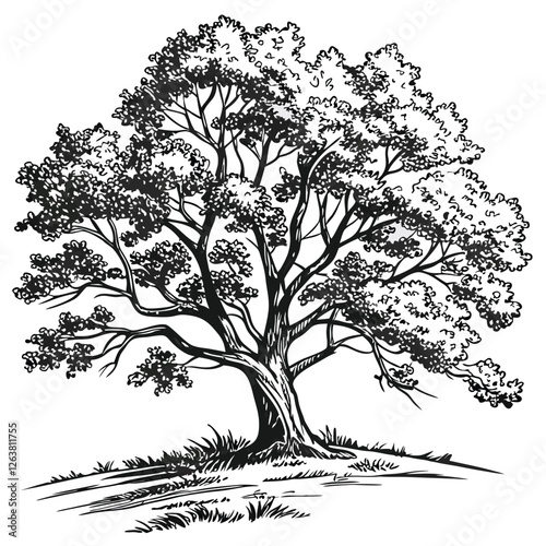 vector hand-drawn illustration of a line art maple /Oak tree with dense foliage in autumn.