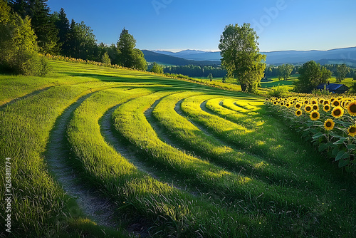 Concept: A lush green field filled with rows of spiral sunflowers swaying gently in the breeze under a clear blue sky.