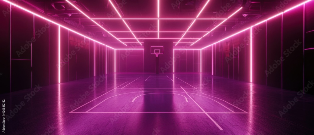 Empty futuristic basketball court with glowing pink neon lights at night Modern sports arena interior with vibrant illumination, perfect for cyberpunk or scifi backgrounds Concept of gaming, competiti