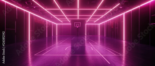 Empty futuristic basketball court with glowing pink neon lights at night Modern sports arena interior with vibrant illumination, perfect for cyberpunk or scifi backgrounds Concept of gaming, competiti photo