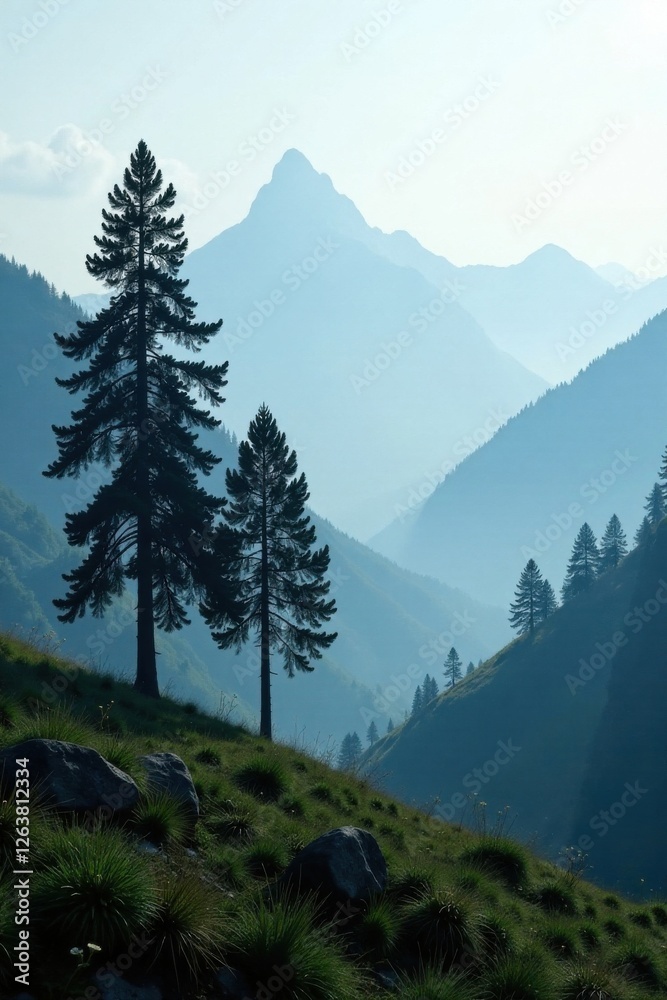 Fototapeta premium Black silhouette of a group of trees and grass in a misty mountain landscape, mountain, tree, black silhouette