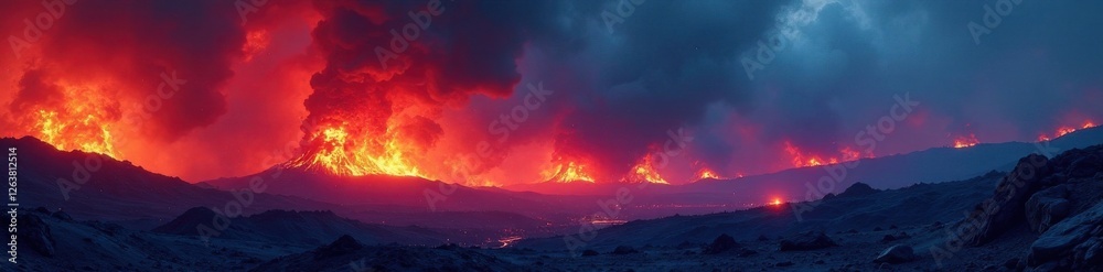 Fototapeta premium Blazing inferno with red and blue flames engulfing a dark landscape, smoldering embers, red, flames rising