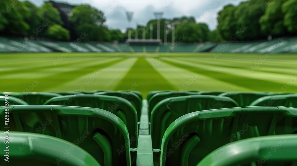 Obraz premium A close-up view of green chairs in a tennis stadium, showcasing the empty seating area and lush grass, set against a cloudy sky. Empty Stadium, Silent Stands
