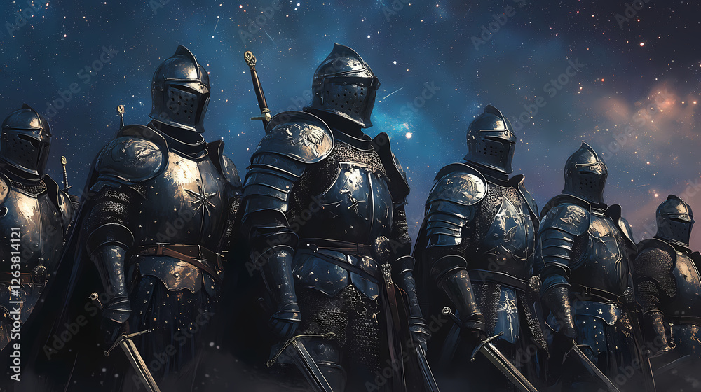 Fototapeta premium A group of armored knights stands under a starry sky, showcasing their historical attire and weapons, evoking a sense of adventure and chivalry. Celestial Knights. Illustration