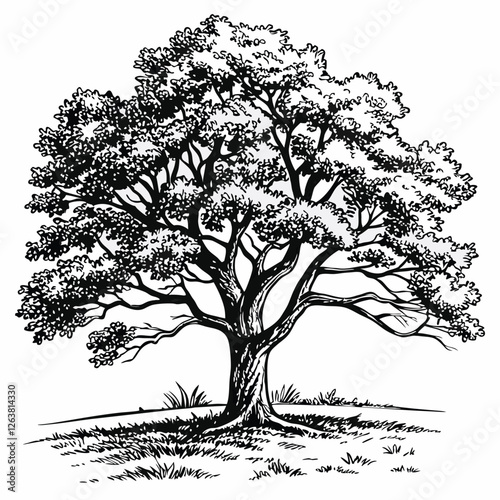 vector hand-drawn illustration of a line art maple /Oak tree with dense foliage in autumn.