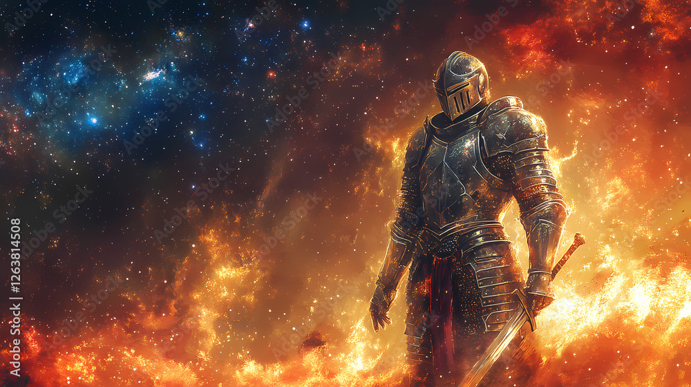A knight in shining armor stands against a fiery cosmic backdrop, combining elements of medieval and fantastical themes. Celestial Knights. Illustration A knight in shining armor stands against a fiery cosmic backdrop, combining elements of medieval and fantastical themes. Celestial Knights. Illustration