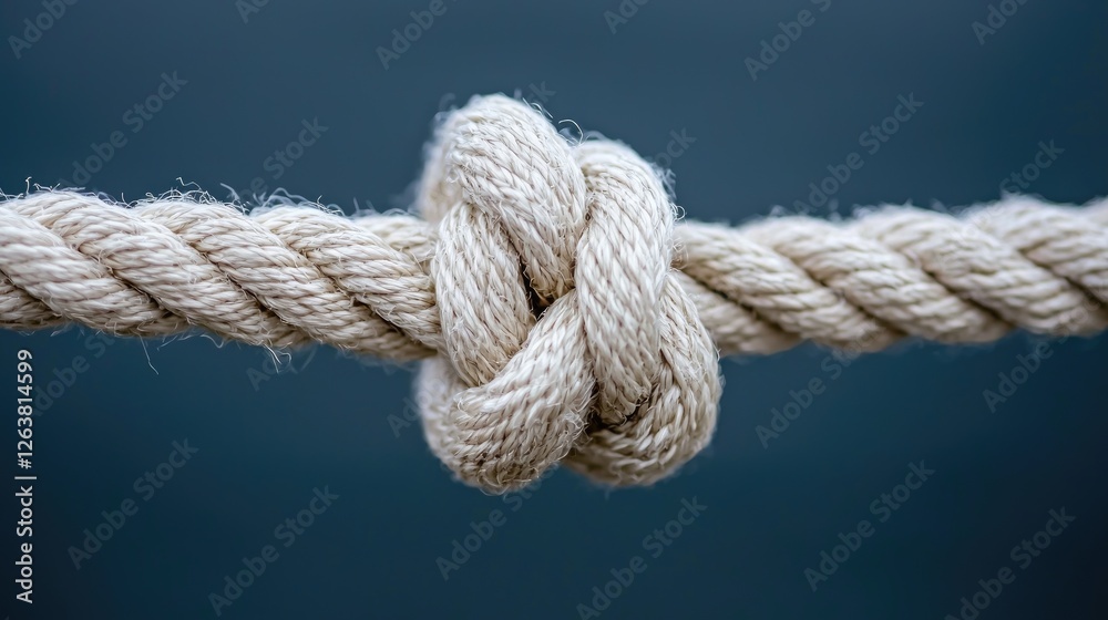 Close-up of a tied knot in a thick rope against a dark background. Possible use Educational material for knot-tying tutorials, stock photography Close-up of a tied knot in a thick rope against a dark background. Possible use Educational material for knot-tying tutorials, stock photography