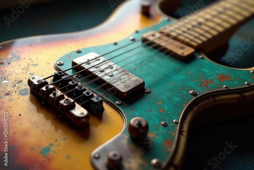 Close-up of a worn-out guitar with metallic sheen and intricate inkwork, riff art, guitar