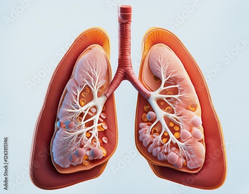 Magnified View of the Human Lungs with Alveoli and Bronchioles Visible