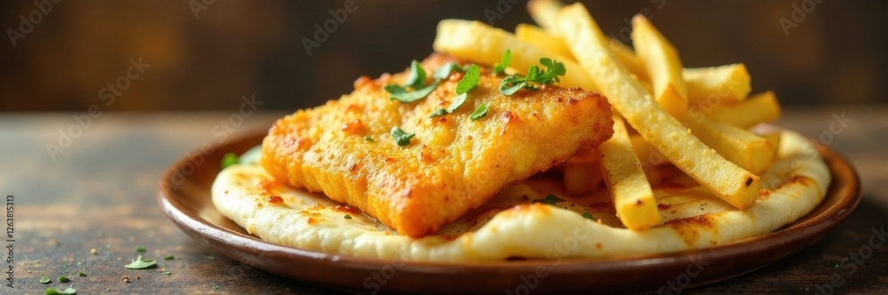 Close-up of fish and chips flatbread icon on a wooden table, seafood, food, flat Close-up of fish and chips flatbread icon on a wooden table, seafood, food, flat