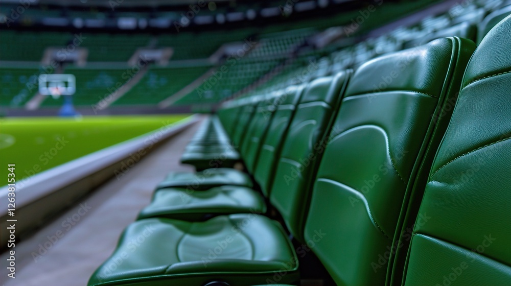 Obraz premium Close-up of green stadium seats, showcasing a modern design in a vibrant sports arena. Empty Stadium, Silent Stands
