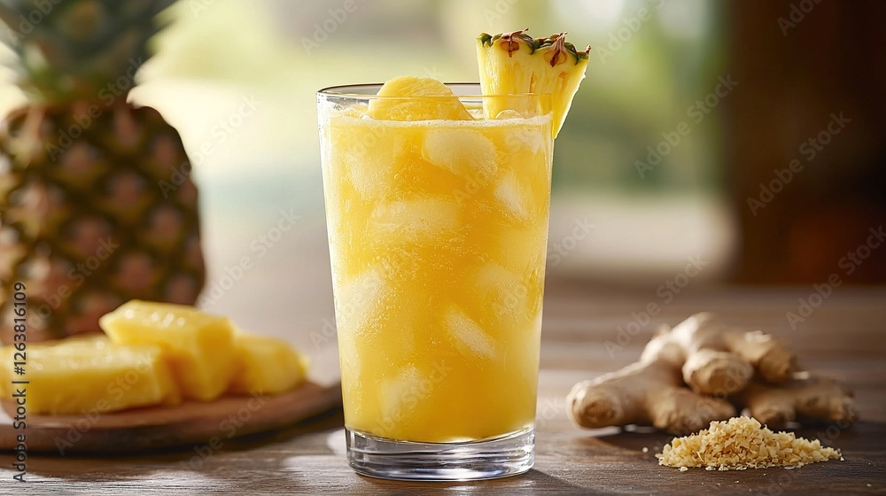 Refreshing tropical drink with fresh pineapple and ginger served in a glass Refreshing tropical drink with fresh pineapple and ginger served in a glass