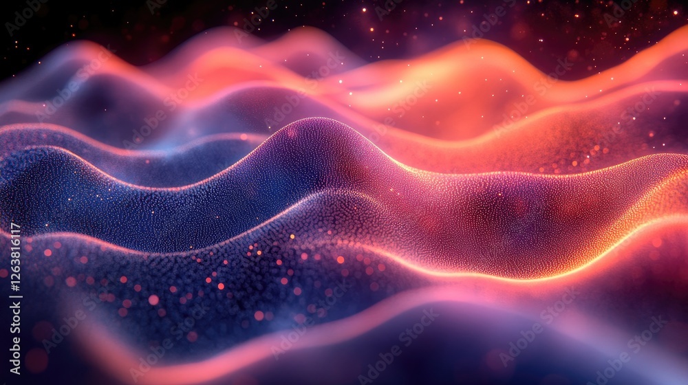Fototapeta premium Abstract wavy lines, glowing particles, digital art, backdrop, futuristic design, use in tech presentations, posters, websites, or phone backgrounds