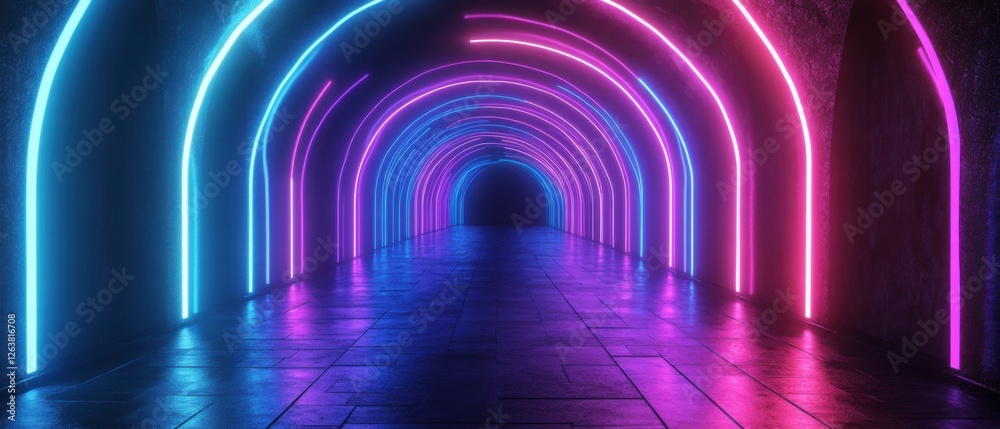 Futuristic neon tunnel with vibrant pink and blue lights, creating a glowing archway in a dark, empty space Perfect for backgrounds, technology, and cyberpunk themes Futuristic neon tunnel with vibrant pink and blue lights, creating a glowing archway in a dark, empty space Perfect for backgrounds, technology, and cyberpunk themes
