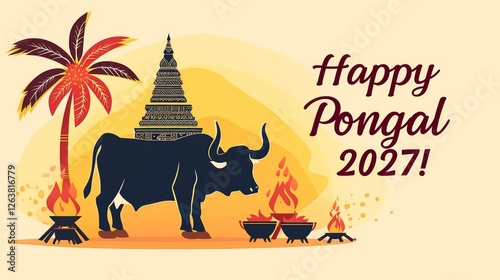 Festive artwork celebrating Pongal with bold colors, decorated bulls, temple motifs, and vibrant fire, reflecting Indian cultural traditions. AI generated.