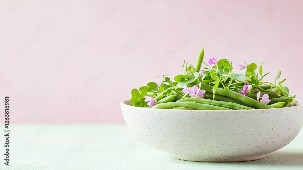 Green beans in a minimalist ceramic bowl, styled with edible flowers and microgreens, photographed against a pastel background, dreamy high-key lighting Green beans in a minimalist ceramic bowl, styled with edible flowers and microgreens, photographed against a pastel background, dreamy high-key lighting