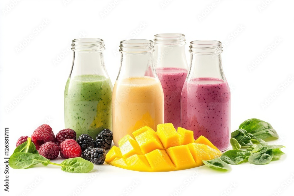 Row of Healthy Fresh Fruit and Vegetable Smoothies with Assorted Ingredients Served in Glass Bottles with Straws Isolated on White Background Row of Healthy Fresh Fruit and Vegetable Smoothies with Assorted Ingredients Served in Glass Bottles with Straws Isolated on White Background