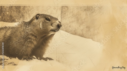 A sepia-toned illustration of a groundhog in a snowy environment, surrounded by a rustic texture, symbolizing the tradition of Groundhog Day. AI generated.