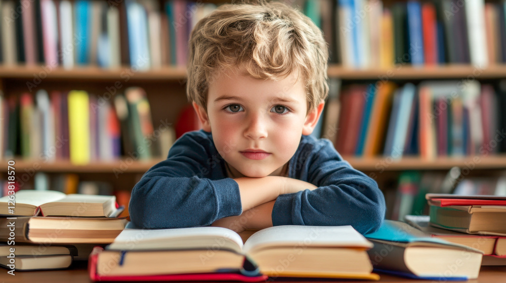 Thoughtful Boy Learning, Reading Books in Library, Education Thoughtful Boy Learning, Reading Books in Library, Education