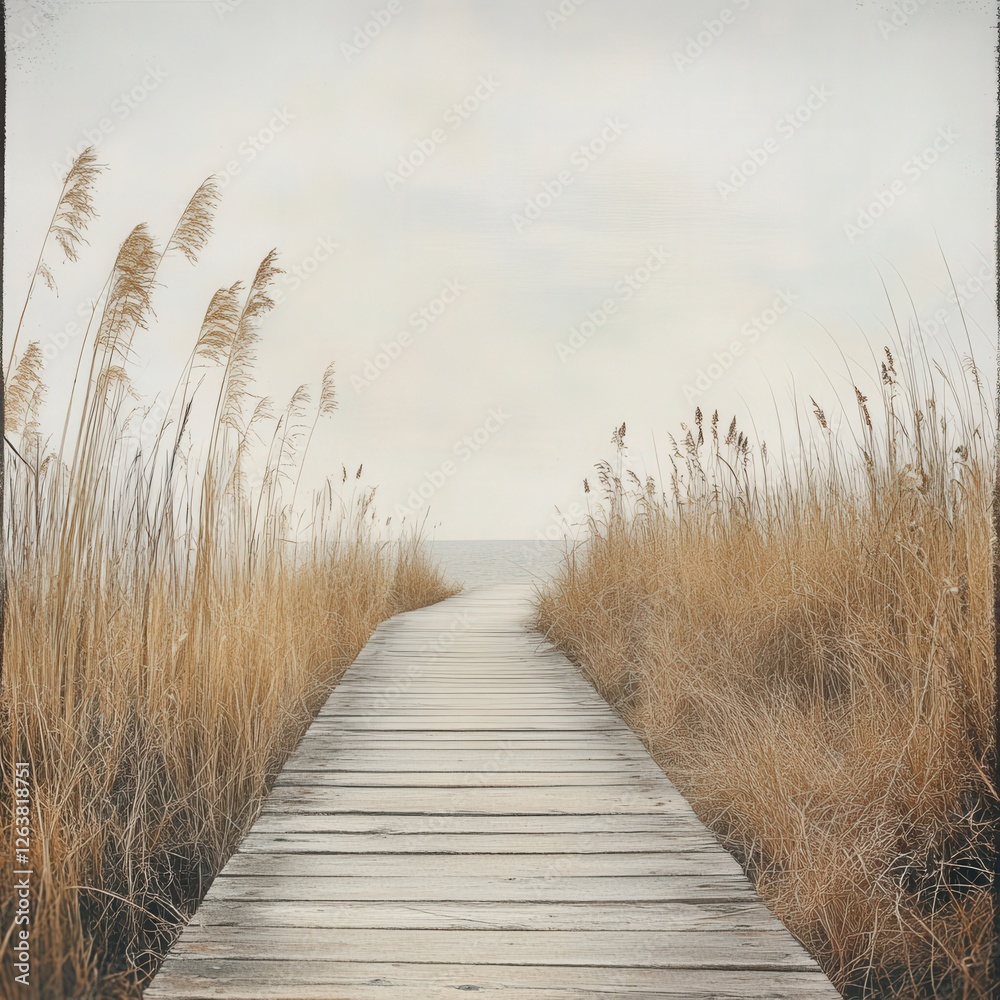 Fototapeta premium Serene Wooden Pathway Leading to the Ocean Through Golden Reeds