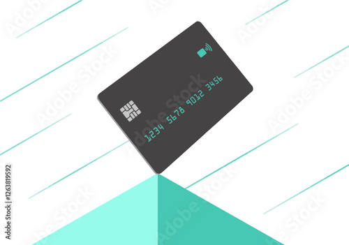 A modern dark grey credit card is seen atop a pyramid with a striped light green background in this 3-d illustration.