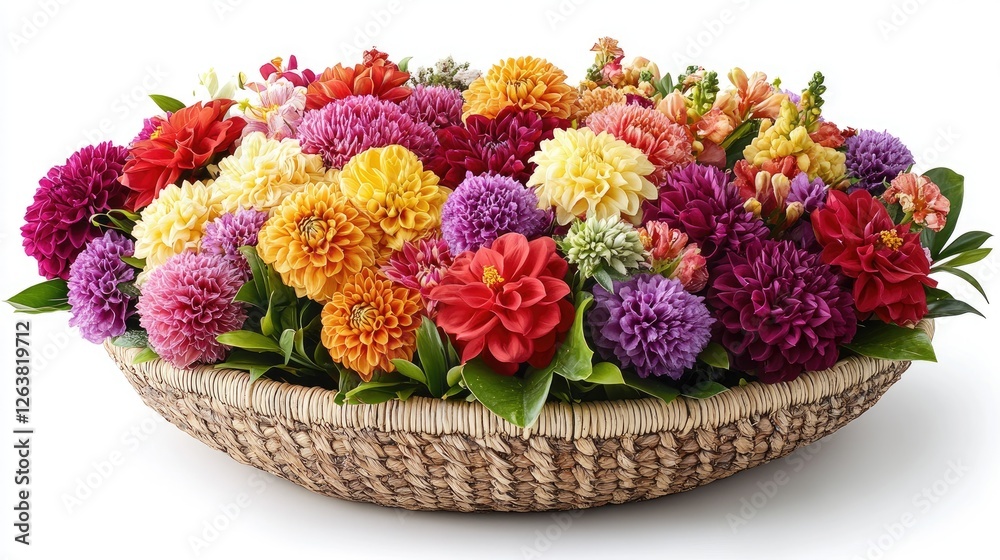 Obraz premium Colorful dahlia bouquet in wicker basket, isolated, floral arrangement, vibrant colors, studio shot, for use in advertisement, greeting cards