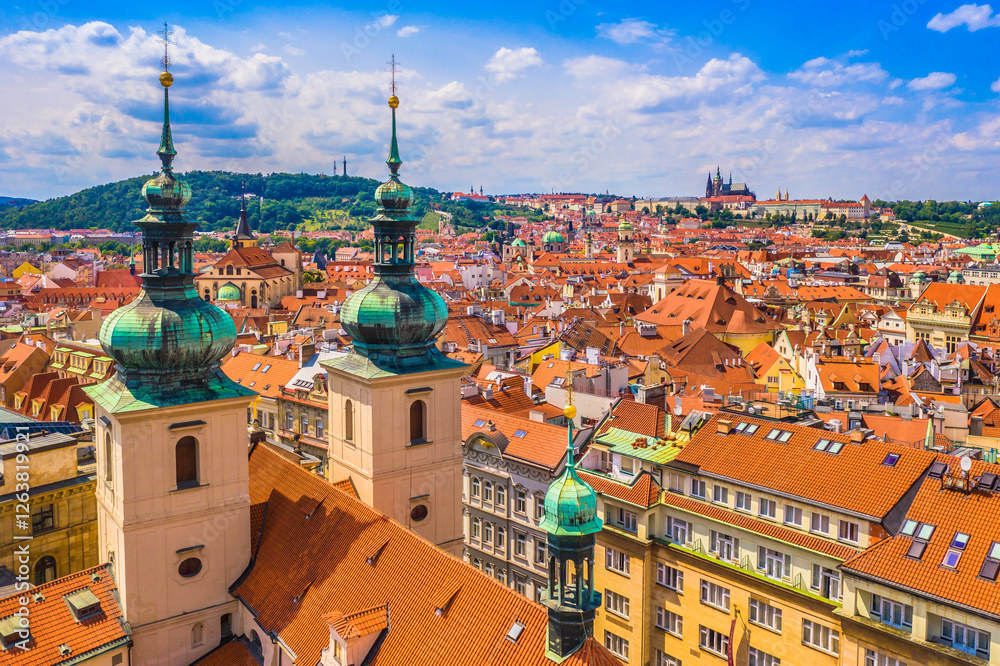 custom made wallpaper toronto digitalA beautiful view of Prague, Czech Republic, showcasing its many spires, historic rooftops, and stunning architecture, highlighting the charm and cultural heritage of this UNESCO-listed European city.