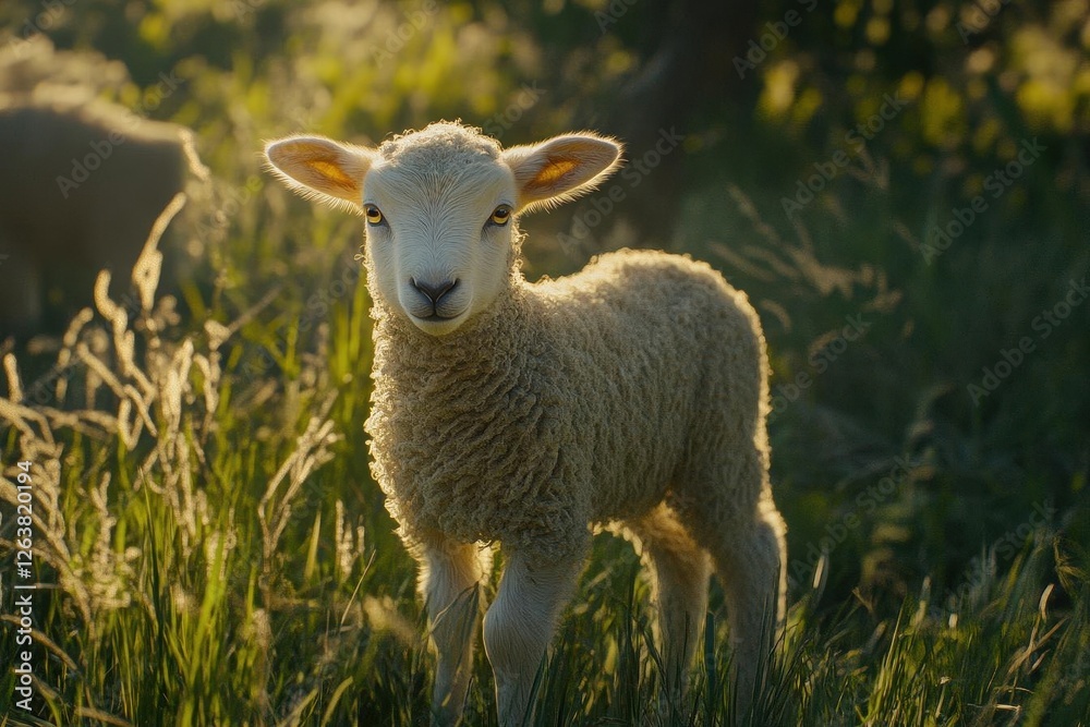 Young Sheep Lamb Resting in a Pasture with Soft Morning Light Young Sheep Lamb Resting in a Pasture with Soft Morning Light