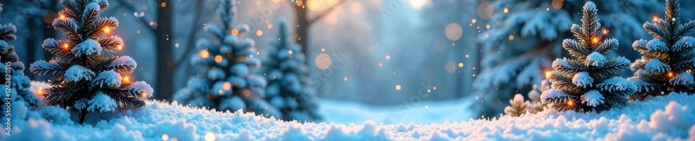 Naklejka premium Colorful festive winter landscape with snowflakes and evergreen trees, snowy landscape, festive atmosphere, frosty winter