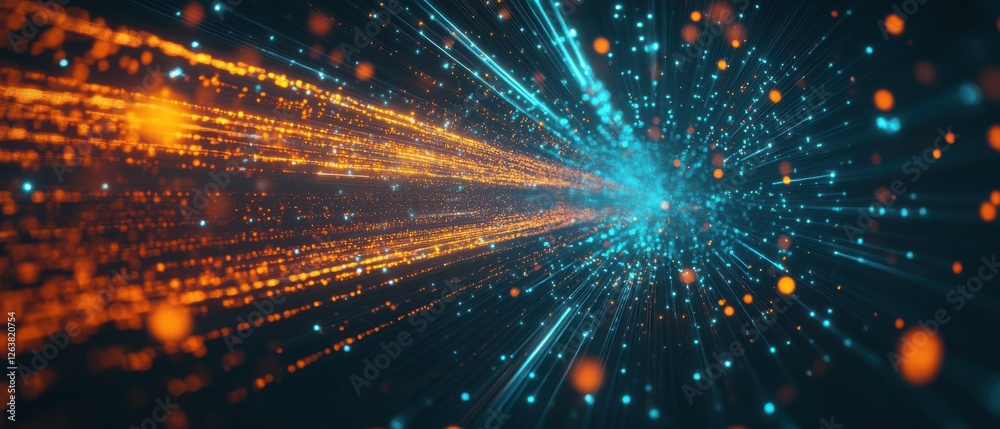 Fototapeta premium Abstract digital background with glowing particles and light streaks Futuristic data stream visualization with orange and blue colors Concepts of technology, cyberspace, big data, and innovation
