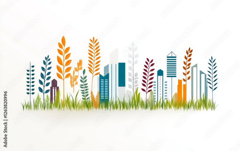 Obraz premium Urban garden illustration with colorful cityscape and tall plants, blending urban life and nature for a vibrant city garden themed vector design