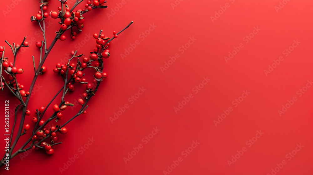 Vibrant red background with delicate red berries on a branch, creating a festive atmosphere Vibrant red background with delicate red berries on a branch, creating a festive atmosphere