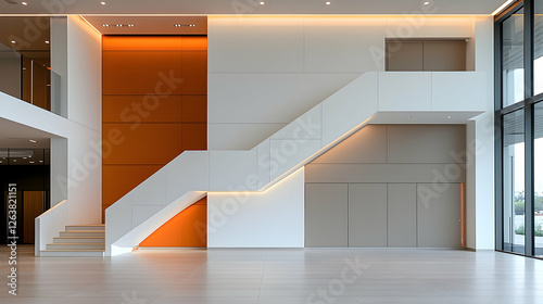 Modern office lobby staircase, orange wall, city view