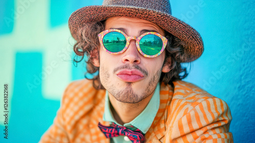 Stylish man with hat making funny face