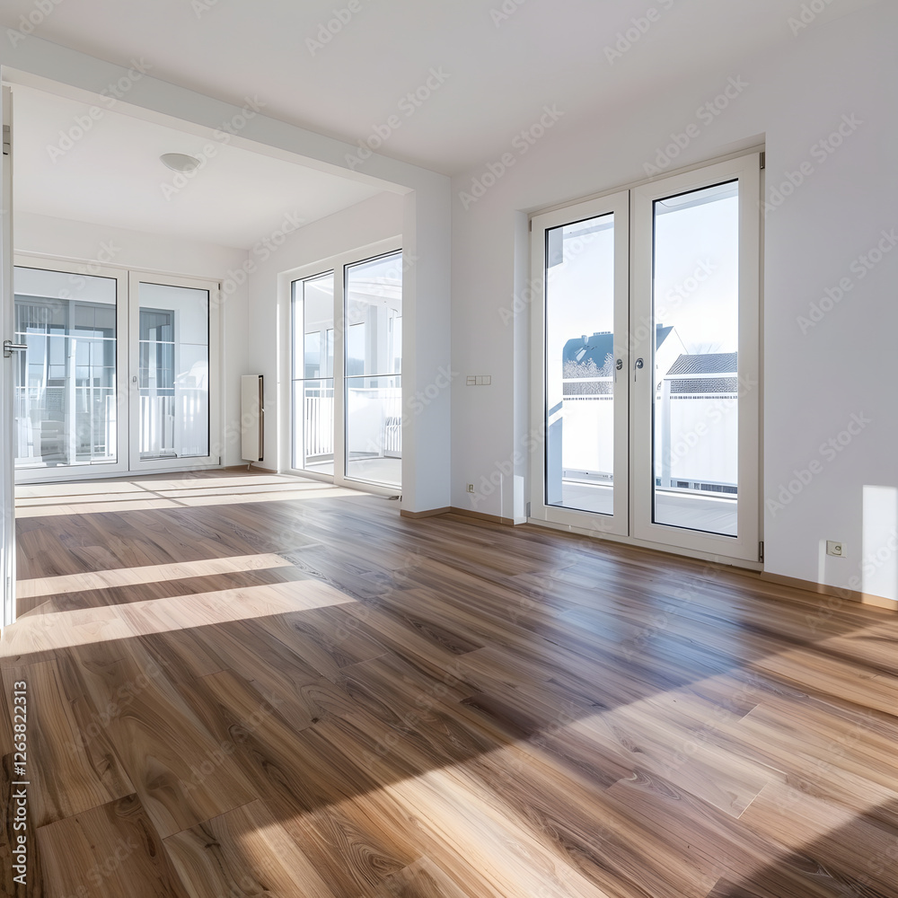 Empty Room with Light Wood Flooring and Glass Doors Empty Room with Light Wood Flooring and Glass Doors