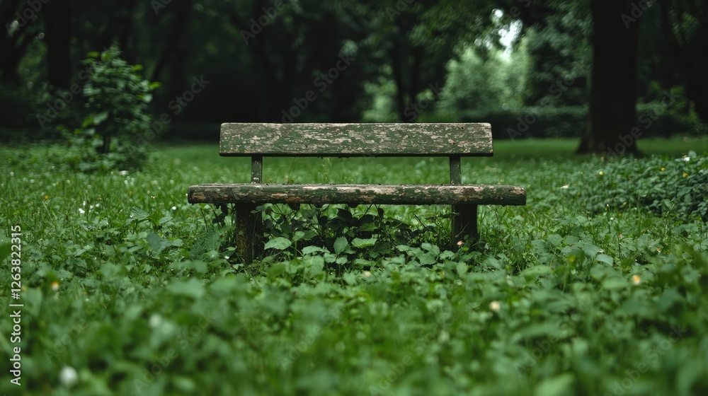 Old wooden park bench, overgrown grass, tranquil forest background, solitude Old wooden park bench, overgrown grass, tranquil forest background, solitude