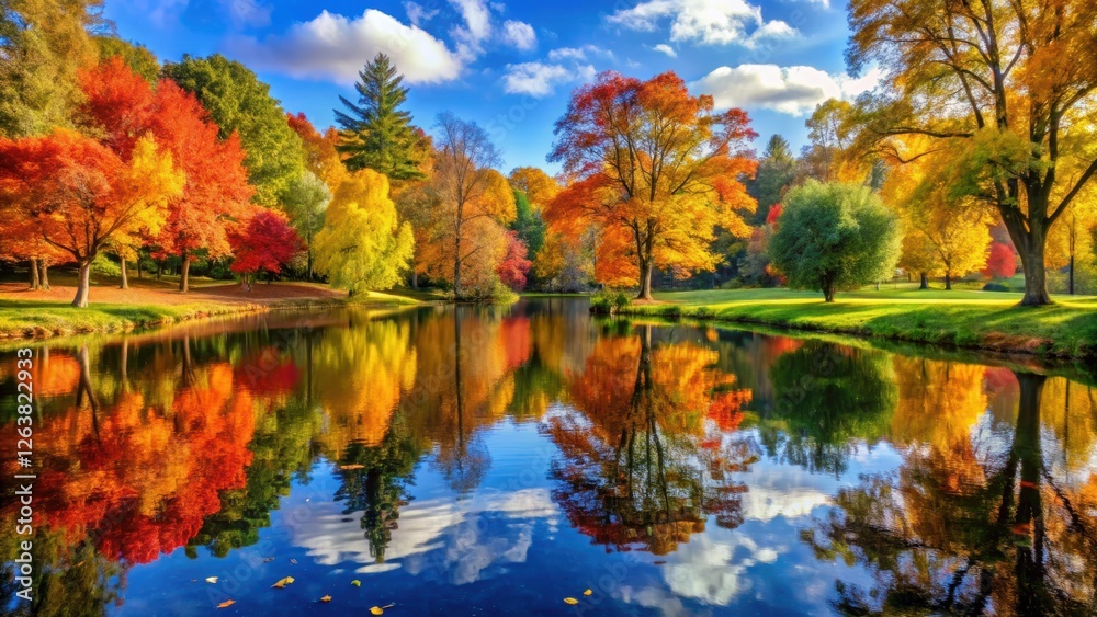 Idyllic autumn park with colorful leaves, trees reflecting on a pond , autumn Idyllic autumn park with colorful leaves, trees reflecting on a pond , autumn