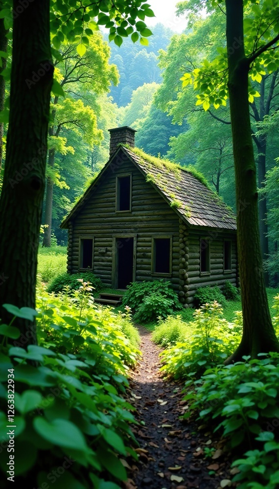 Overgrown forest with a crumbling cabin in the background, green, forest Overgrown forest with a crumbling cabin in the background, green, forest