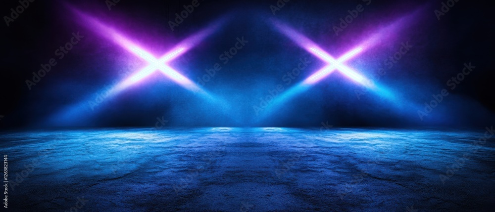 Obraz premium Empty concrete floor with glowing neon Xshaped lights and smoke or fog, creating a futuristic, cyberpunk, or scifi backdrop Perfect for product placement, presentations, or abstract designs