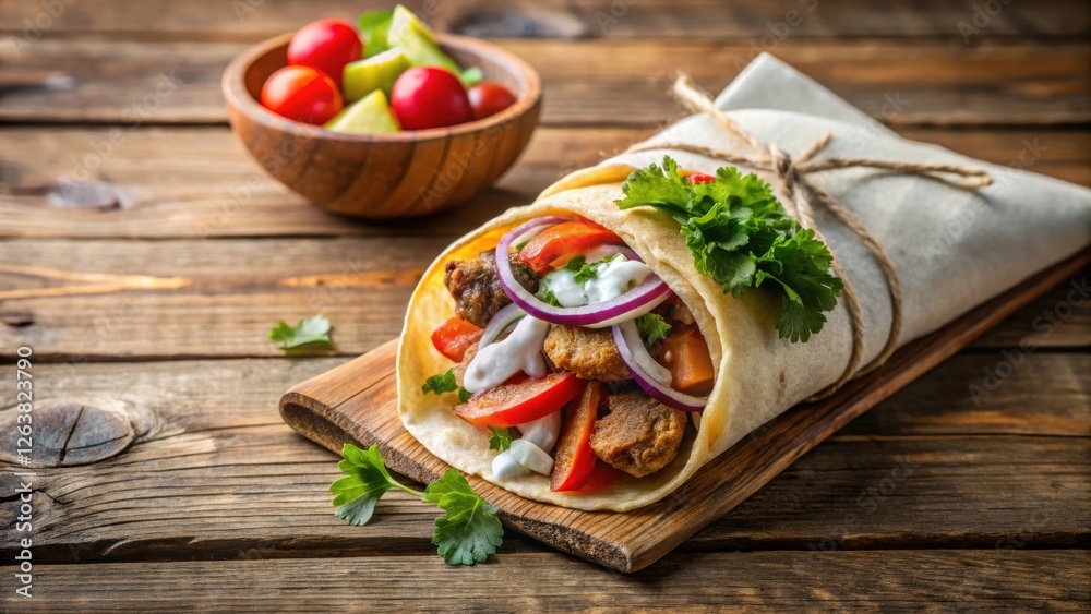 Greek gyros wrapped in pita bread served on a rustic wooden table , Greek, gyros, pita bread, Mediterranean, cuisine, delicious Greek gyros wrapped in pita bread served on a rustic wooden table , Greek, gyros, pita bread, Mediterranean, cuisine, delicious