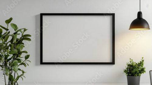 Minimalist black frame with white space, plant, and pendant light