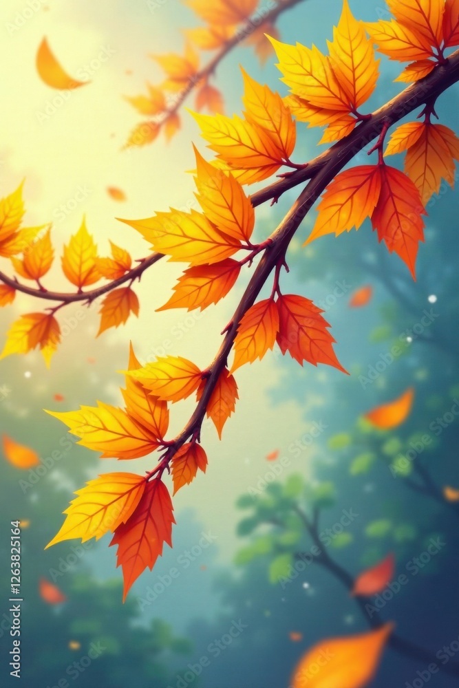 Cartoon illustration of a branch with yellow and red leaves , colors, leaves, branch Cartoon illustration of a branch with yellow and red leaves , colors, leaves, branch