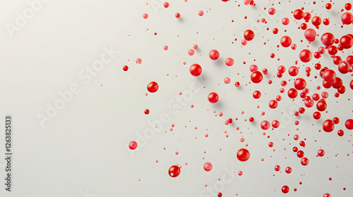 Abstract composition of scattered red spheres on a light background, suggesting energy and movement